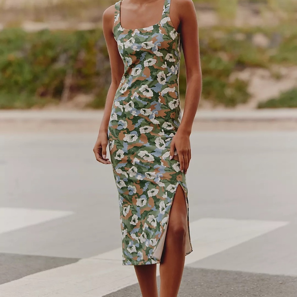 Floral Scoop Neck Green Slip Midi Dress